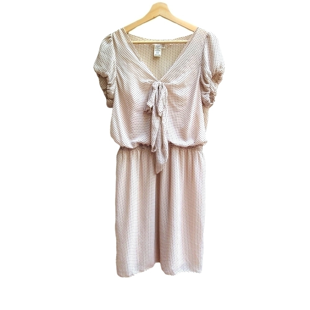 Creamy Pinky Beige Retro Style Polka-dot Dress, Neutral Office, Size Medium